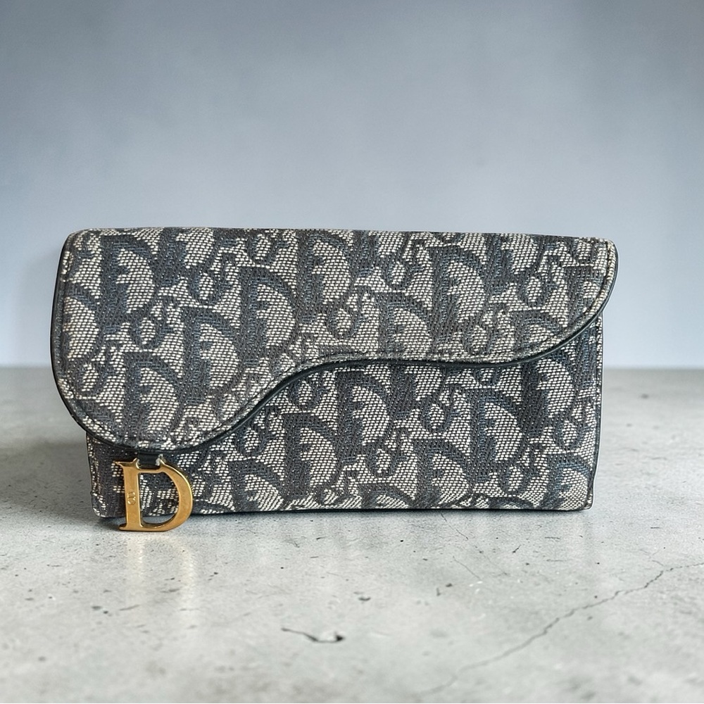 Christian Dior Trotter Monogram Long Wallet Navy Canvas Gold D Charm Vintage